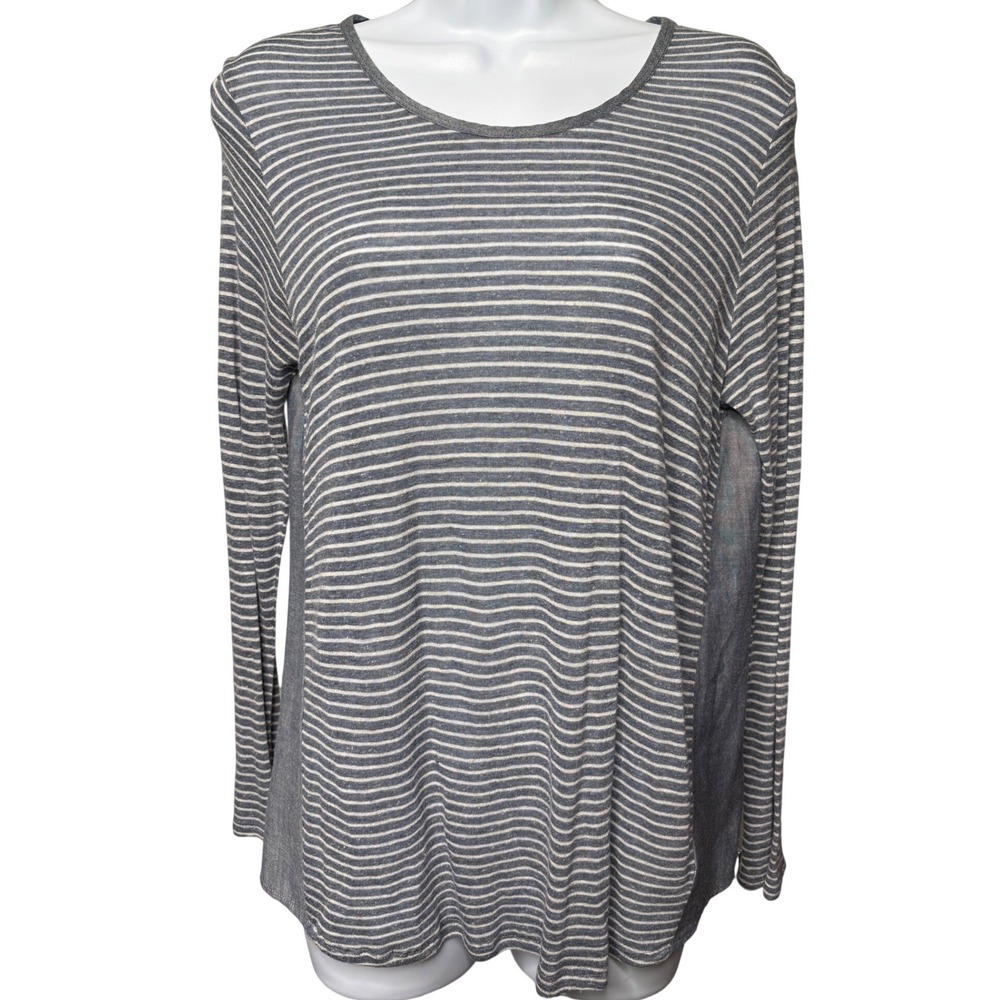 LUCKY BRAND Womens Blue Striped Mixed Media Top Sz S Linen Blend Coastal Boho